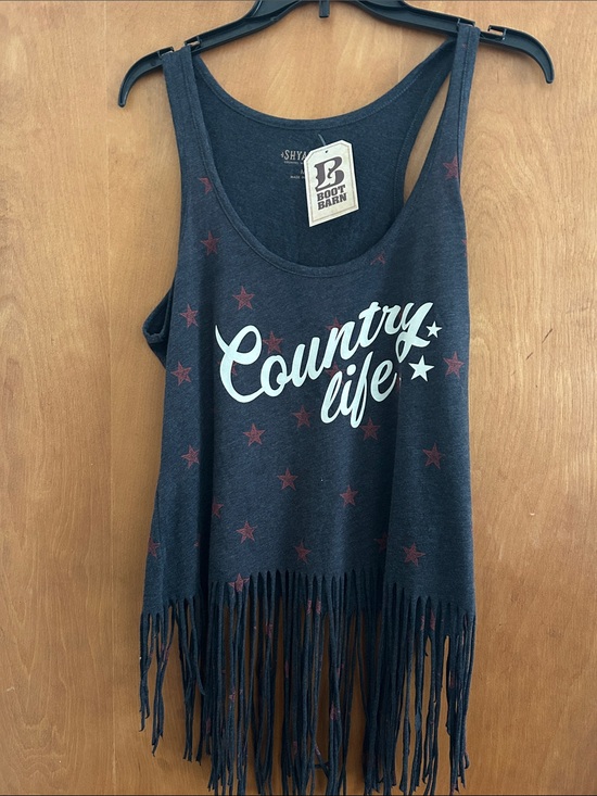 Shyanne Tops - Shyanne Fringe Tank Top with White Script and Red Stars